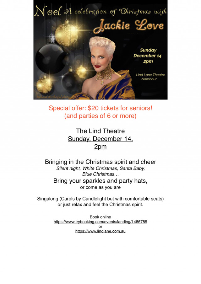 having sung for 2 popes, a Queen, a King and King to be(Charles) Jackie Love still calls Australia home and is coming to Nambour this Sunday 14th 2pm.